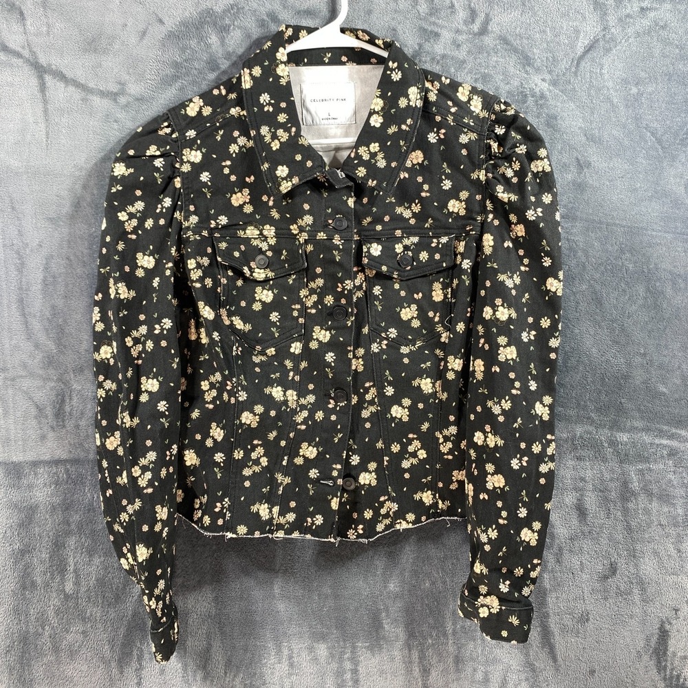 NWT Celebrity Pink Denim Jacket Womens L Black Floral Puff Long Sleeve Raw Hem